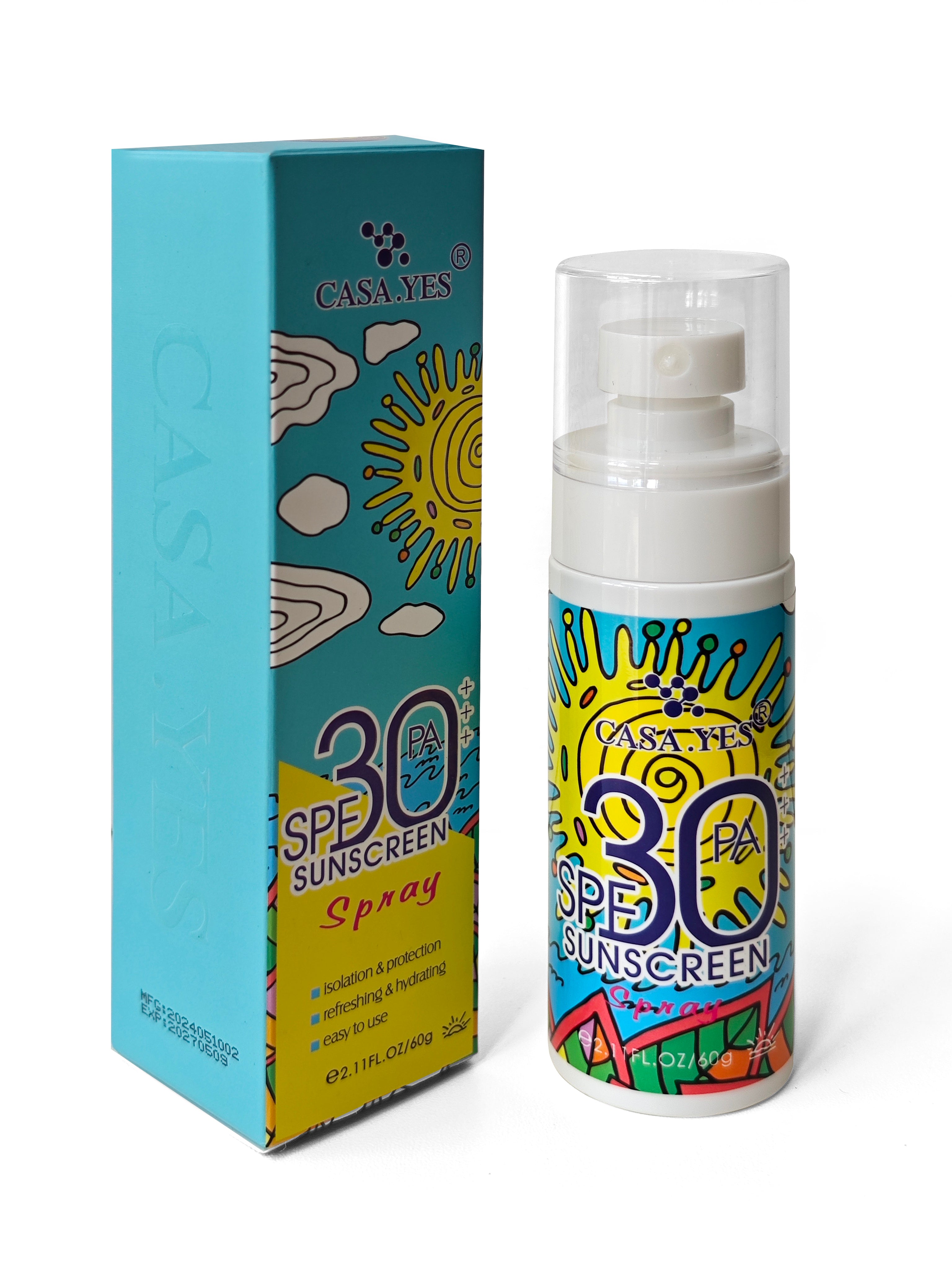 CASA.YES Sunscreen Spray SPF 30+++ - Lightweight, Invisible, Water-Resistant Protection for Summer. Ultra-Fine Mist for Effortless Application, Perfect for On-The-Go Facial Skincare