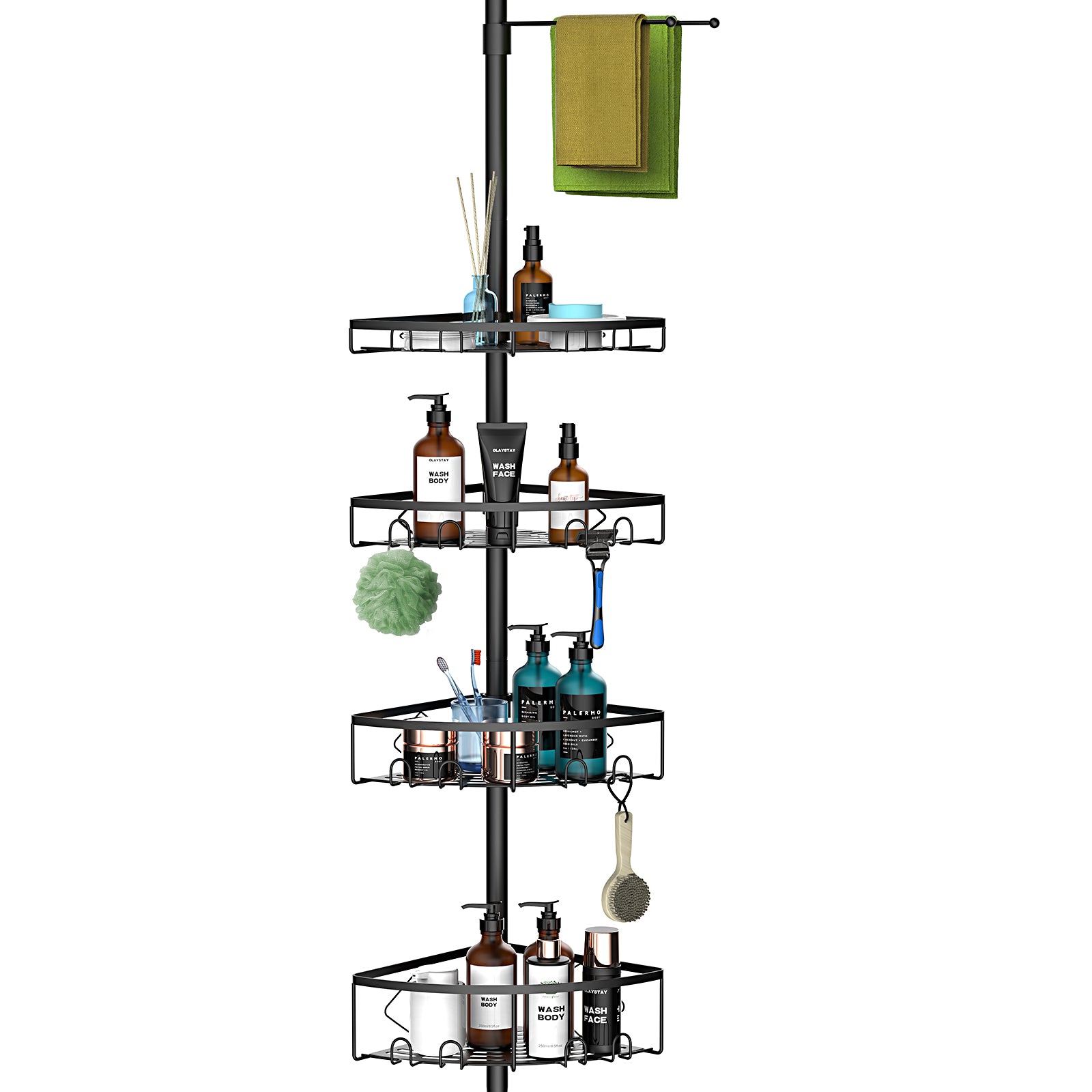 Corner Shower Caddy Tension Pole, 4 Tier Shower Basket Shelves, 53-120 inch Adjustable Height Shower Storage Rack, Bathroom Bathtub Shampoo Holder Organizer Shower Accessories