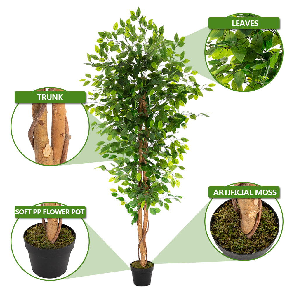 6FT Artificial Banyan Tree with 1260 Lush Green Leaves – Realistic Solid Wood Trunk, Perfect for Christmas Décor