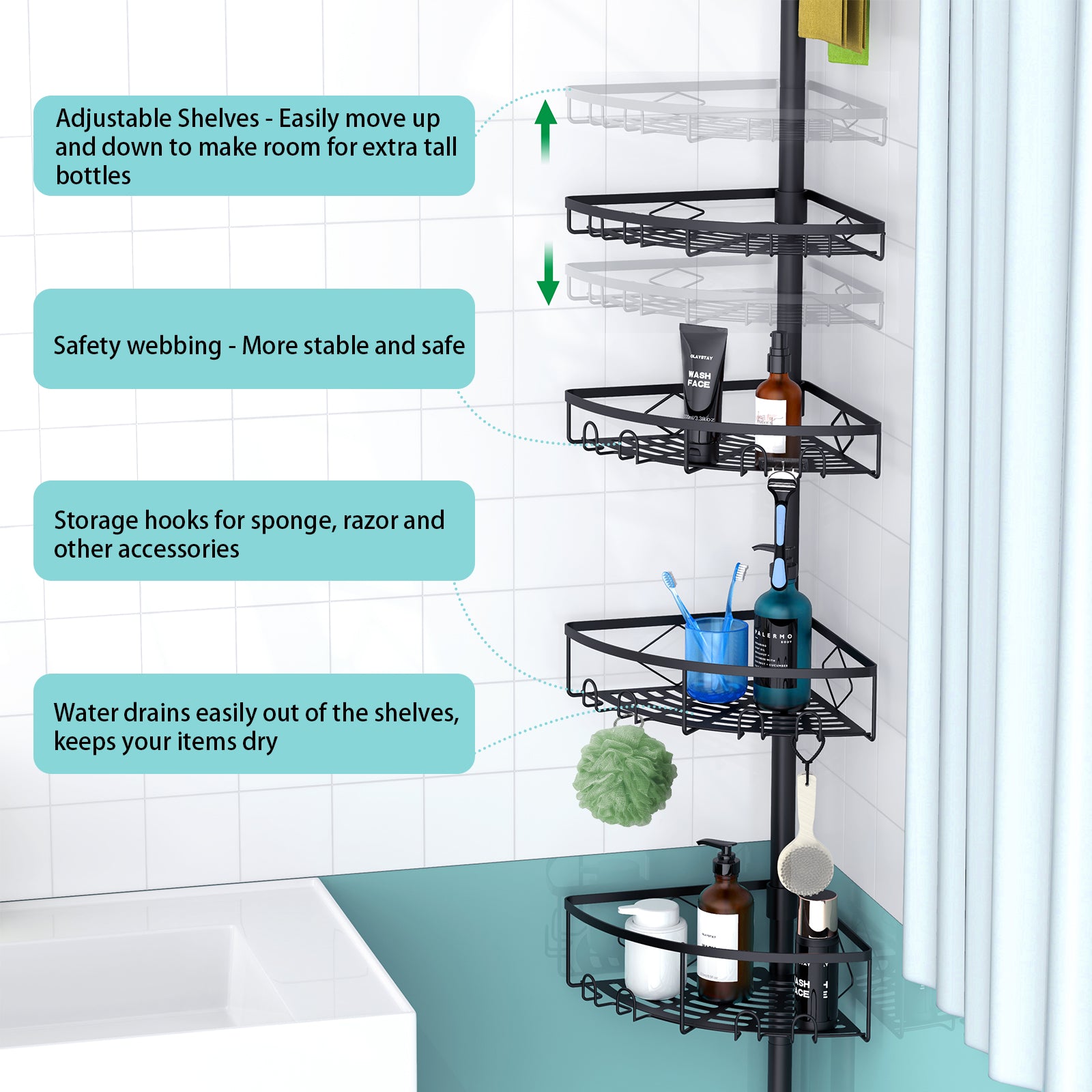 Corner Shower Caddy Tension Pole, 4 Tier Shower Basket Shelves, 53-120 inch Adjustable Height Shower Storage Rack, Bathroom Bathtub Shampoo Holder Organizer Shower Accessories