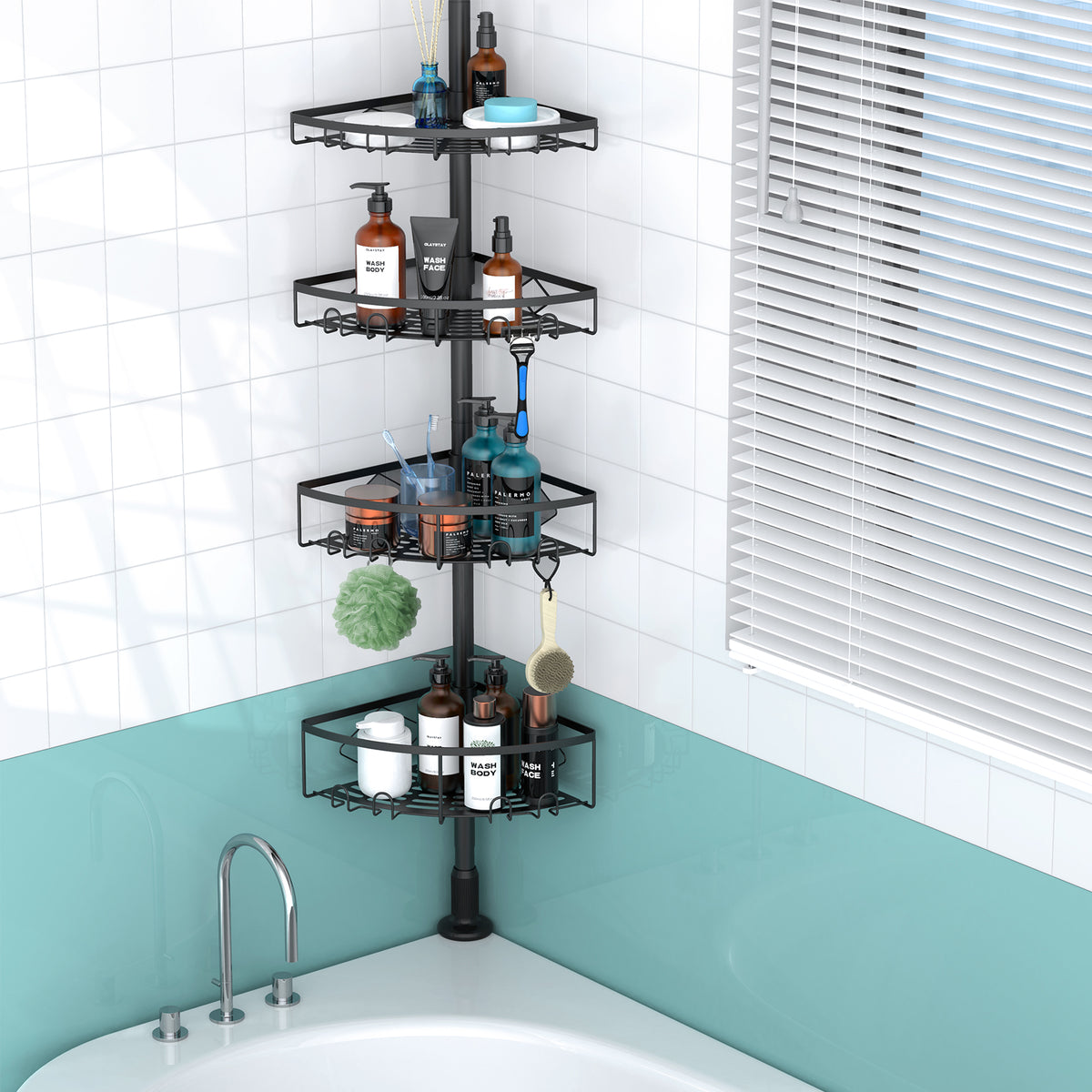 Corner Shower Caddy Tension Pole, 4 Tier Shower Basket Shelves, 53-120 inch Adjustable Height Shower Storage Rack, Bathroom Bathtub Shampoo Holder Organizer Shower Accessories