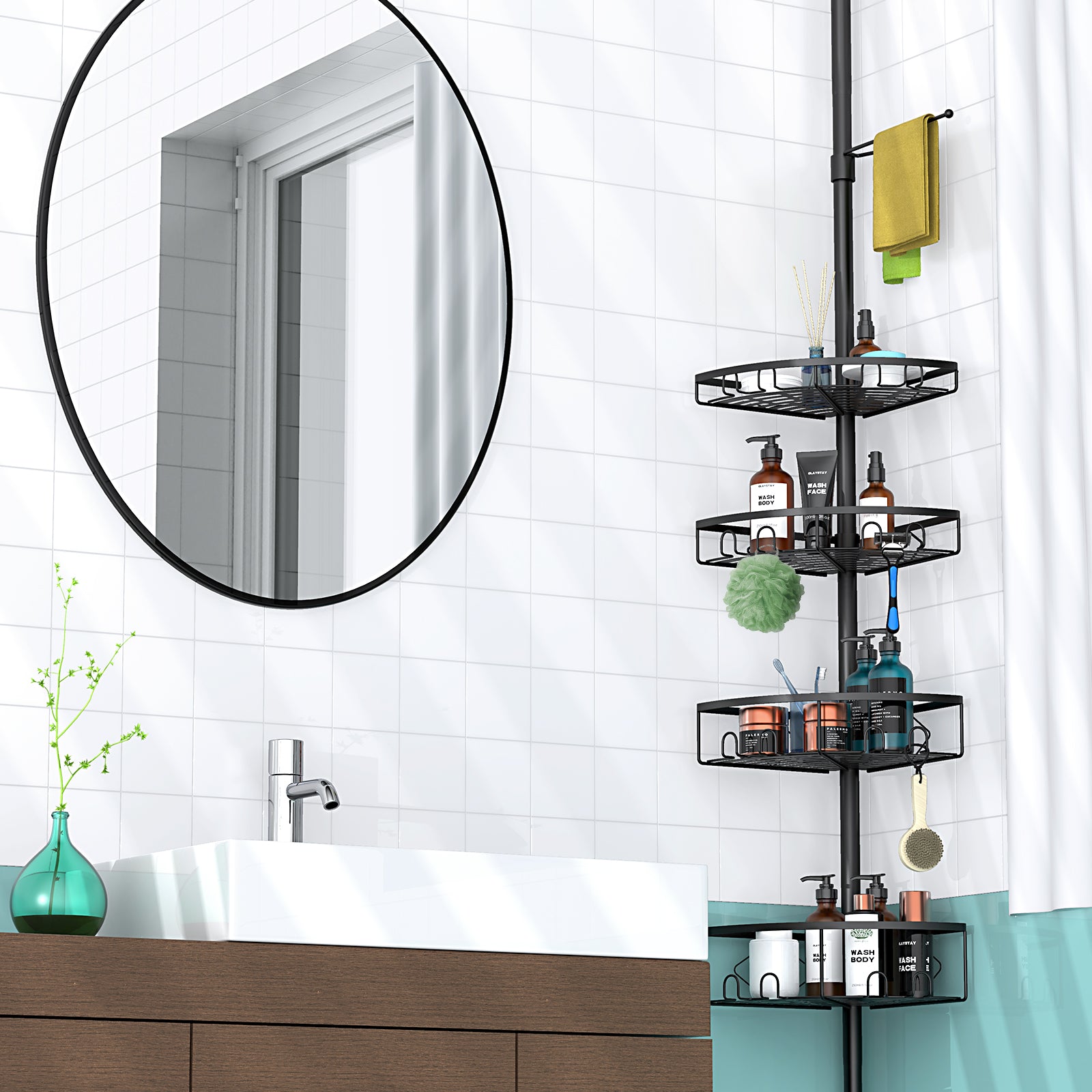 Corner Shower Caddy Tension Pole, 4 Tier Shower Basket Shelves, 53-120 inch Adjustable Height Shower Storage Rack, Bathroom Bathtub Shampoo Holder Organizer Shower Accessories