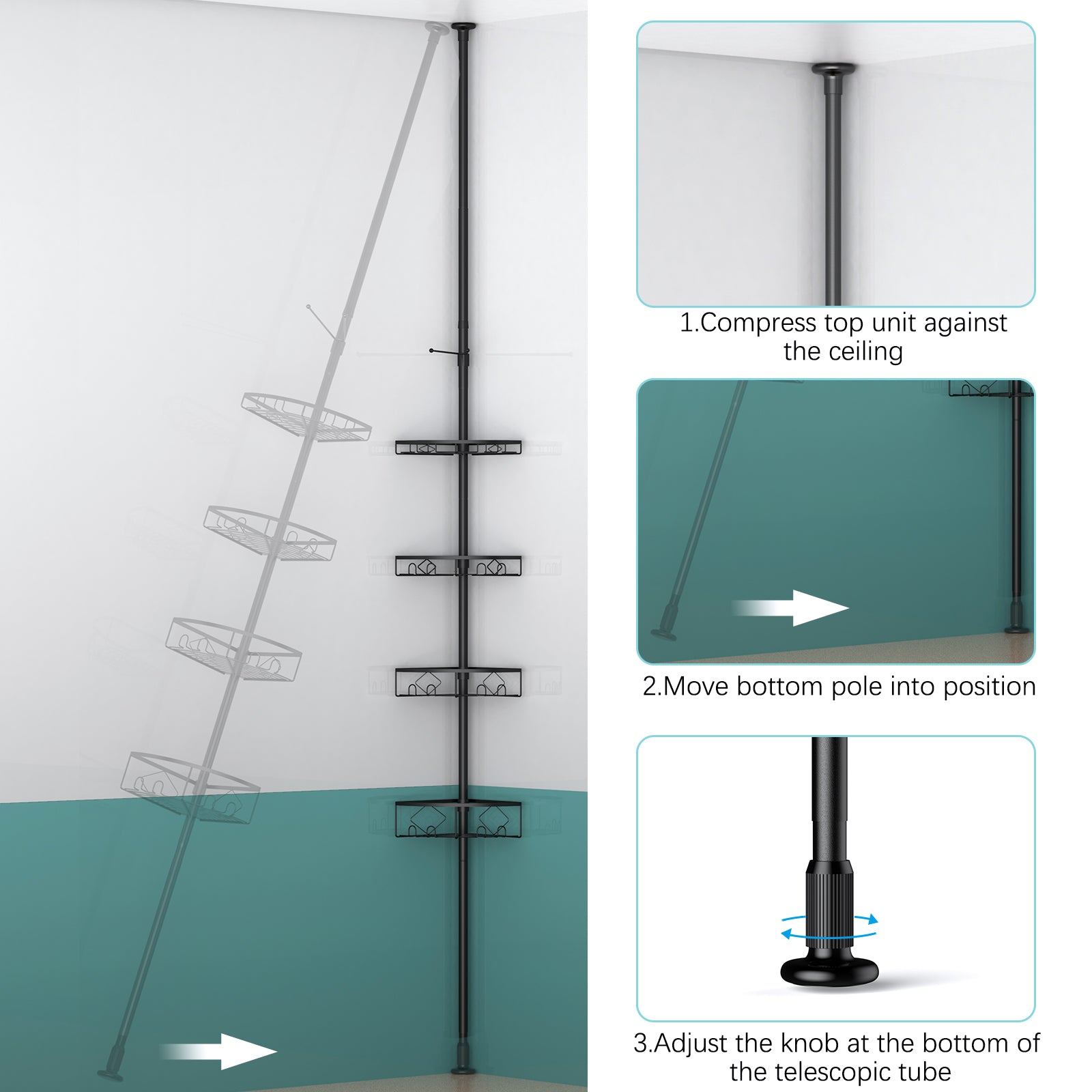 Corner Shower Caddy Tension Pole, 4 Tier Shower Basket Shelves, 53-120 inch Adjustable Height Shower Storage Rack, Bathroom Bathtub Shampoo Holder Organizer Shower Accessories