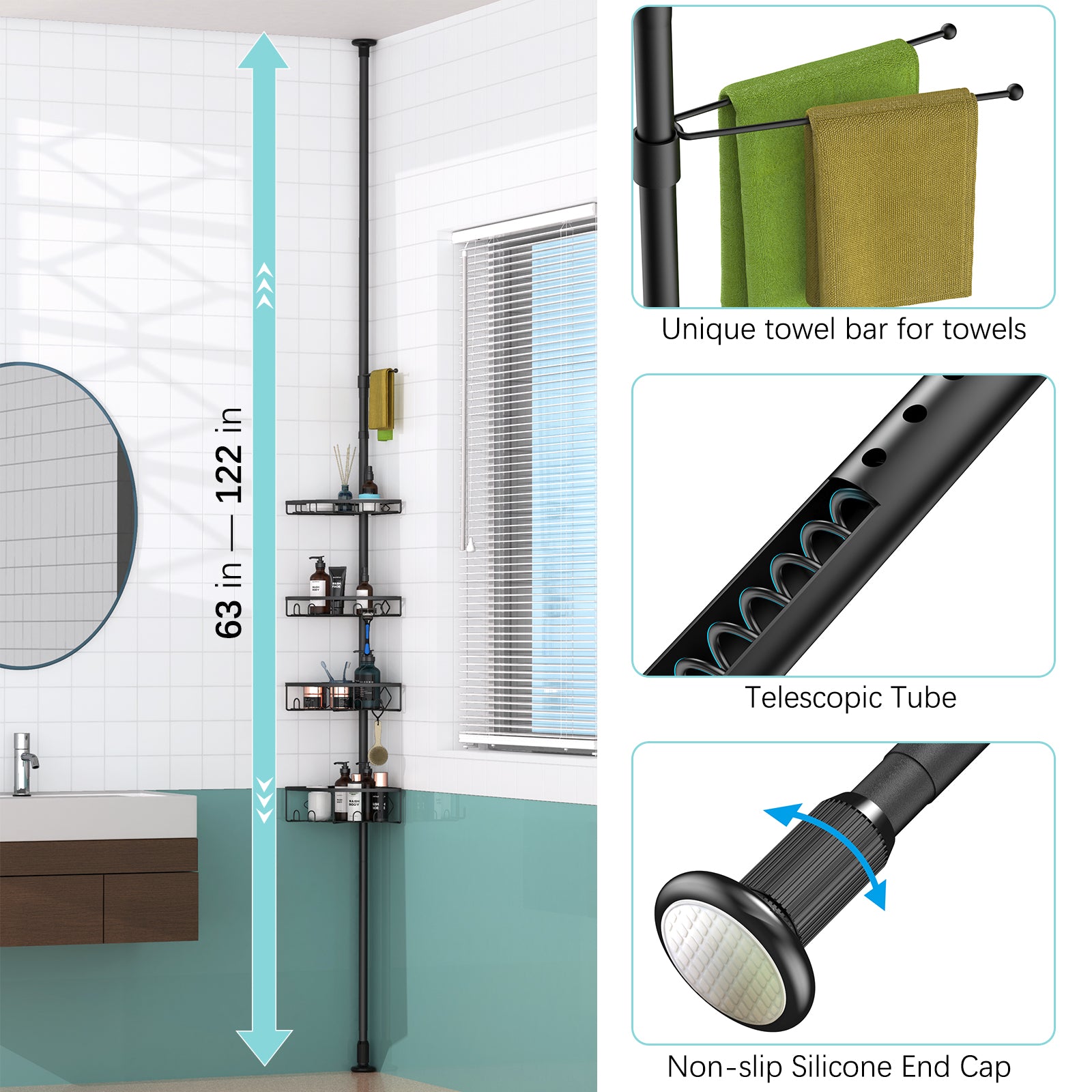 Corner Shower Caddy Tension Pole, 4 Tier Shower Basket Shelves, 53-120 inch Adjustable Height Shower Storage Rack, Bathroom Bathtub Shampoo Holder Organizer Shower Accessories