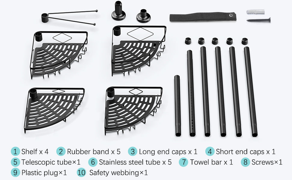 Corner Shower Caddy Tension Pole, 4 Tier Shower Basket Shelves, 53-120 inch Adjustable Height Shower Storage Rack, Bathroom Bathtub Shampoo Holder Organizer Shower Accessories