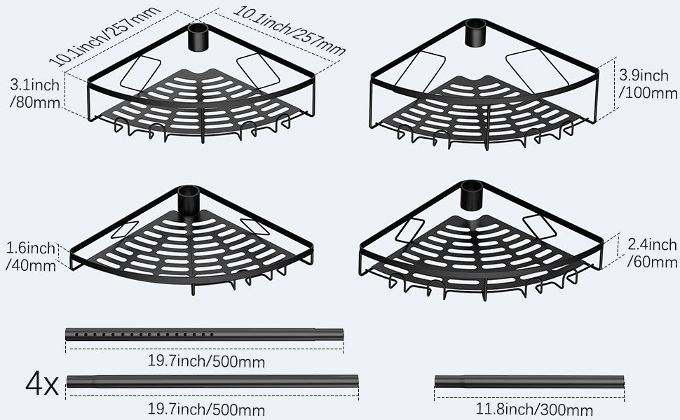 Corner Shower Caddy Tension Pole, 4 Tier Shower Basket Shelves, 53-120 inch Adjustable Height Shower Storage Rack, Bathroom Bathtub Shampoo Holder Organizer Shower Accessories