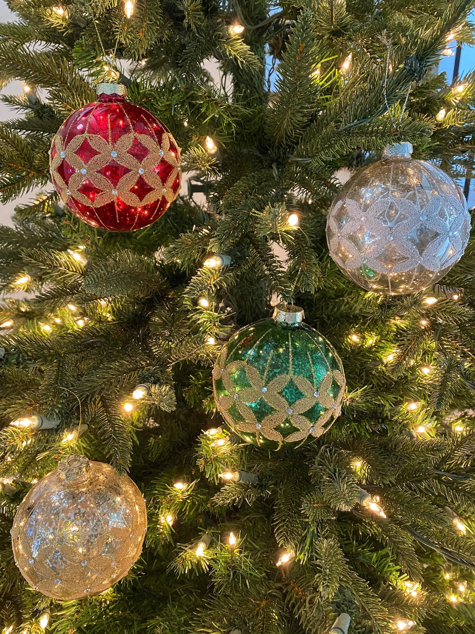 Green round glass glitter ornaments, antique gold ornament, antique red ornament, antique green ornament woman owned & designed, Christmas