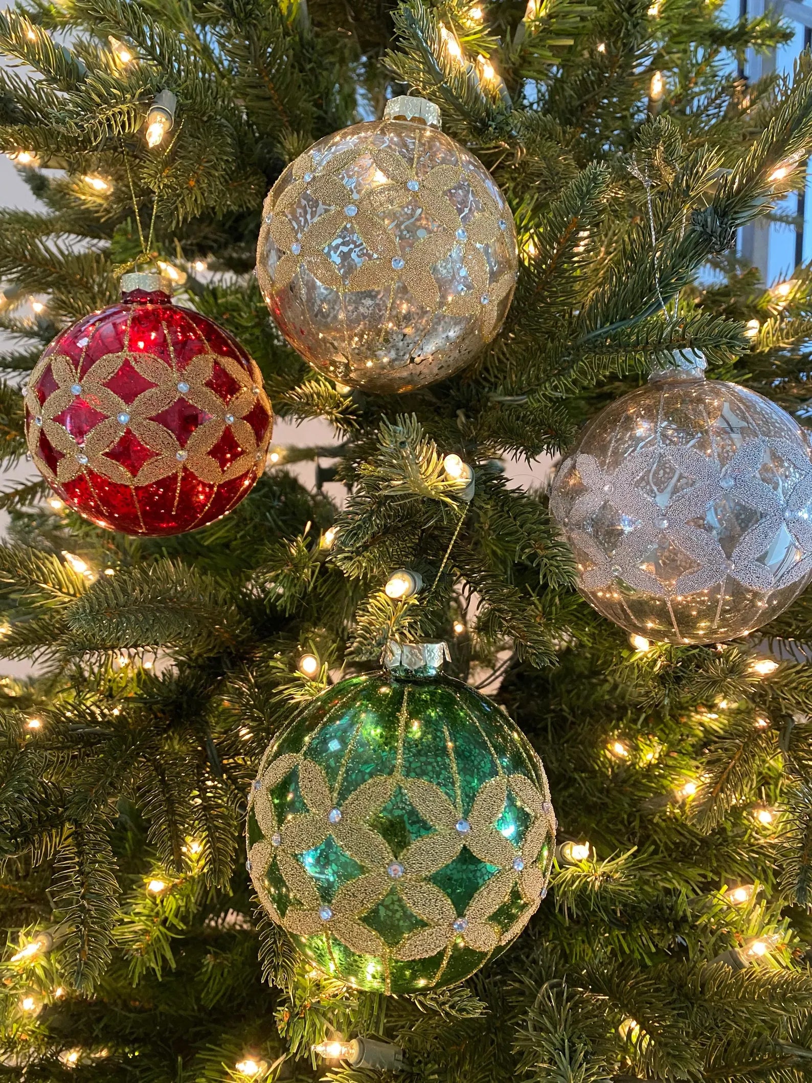 Green round glass glitter ornaments, antique gold ornament, antique red ornament, antique green ornament woman owned & designed, Christmas