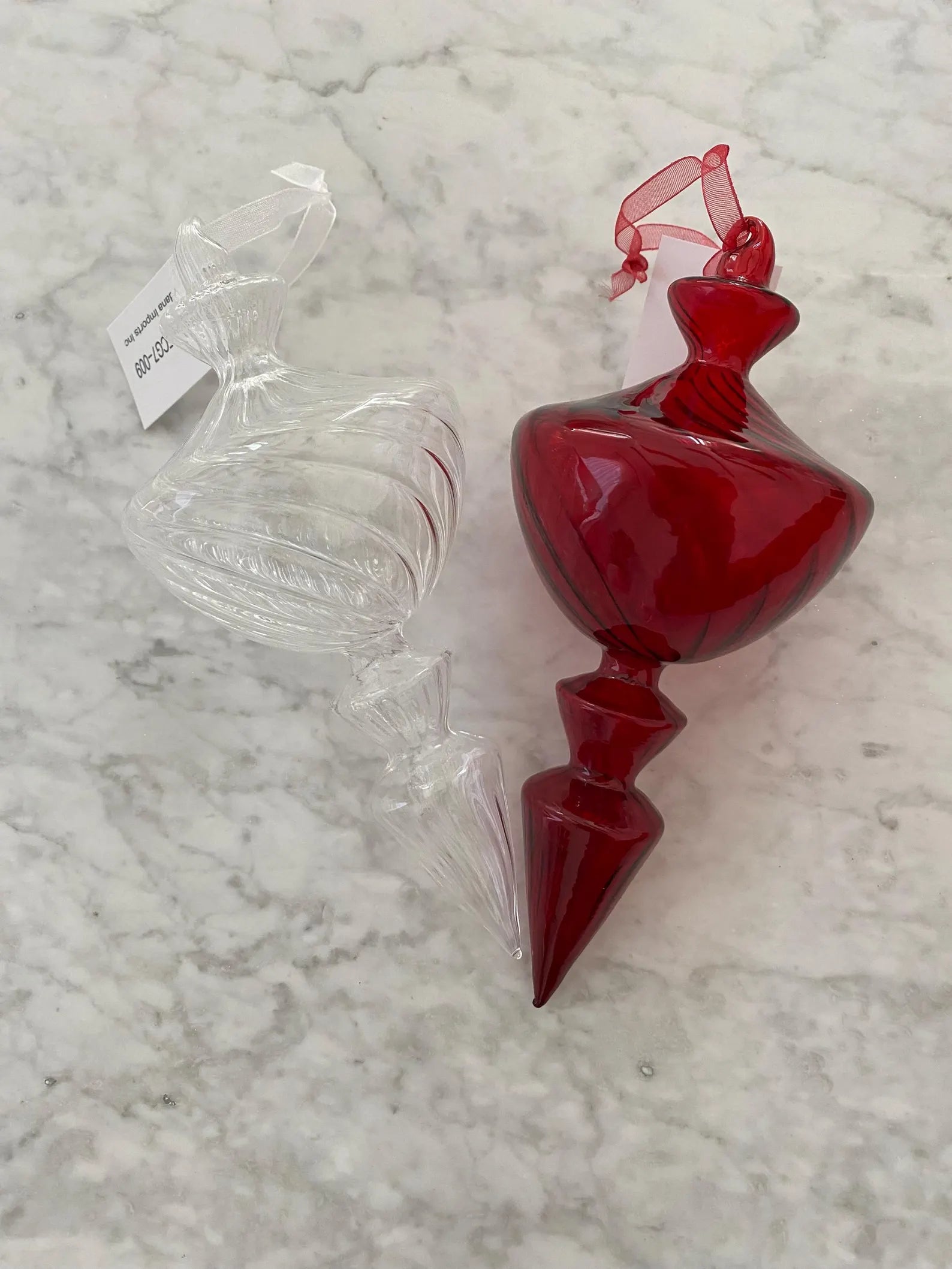 Twisted glass ornament, red glass ornament, red ornament, clear glass ornament, finial long ornament, woman owned & designed, clear ornament