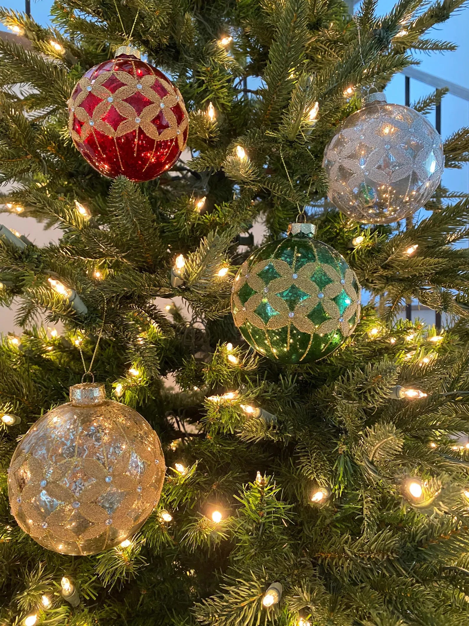 Green round glass glitter ornaments, antique gold ornament, antique red ornament, antique green ornament woman owned & designed, Christmas