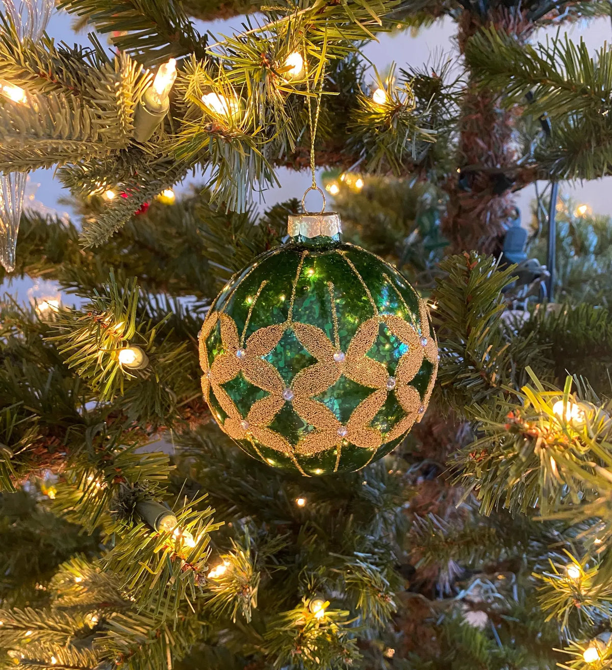 Green round glass glitter ornaments, antique gold ornament, antique red ornament, antique green ornament woman owned & designed, Christmas