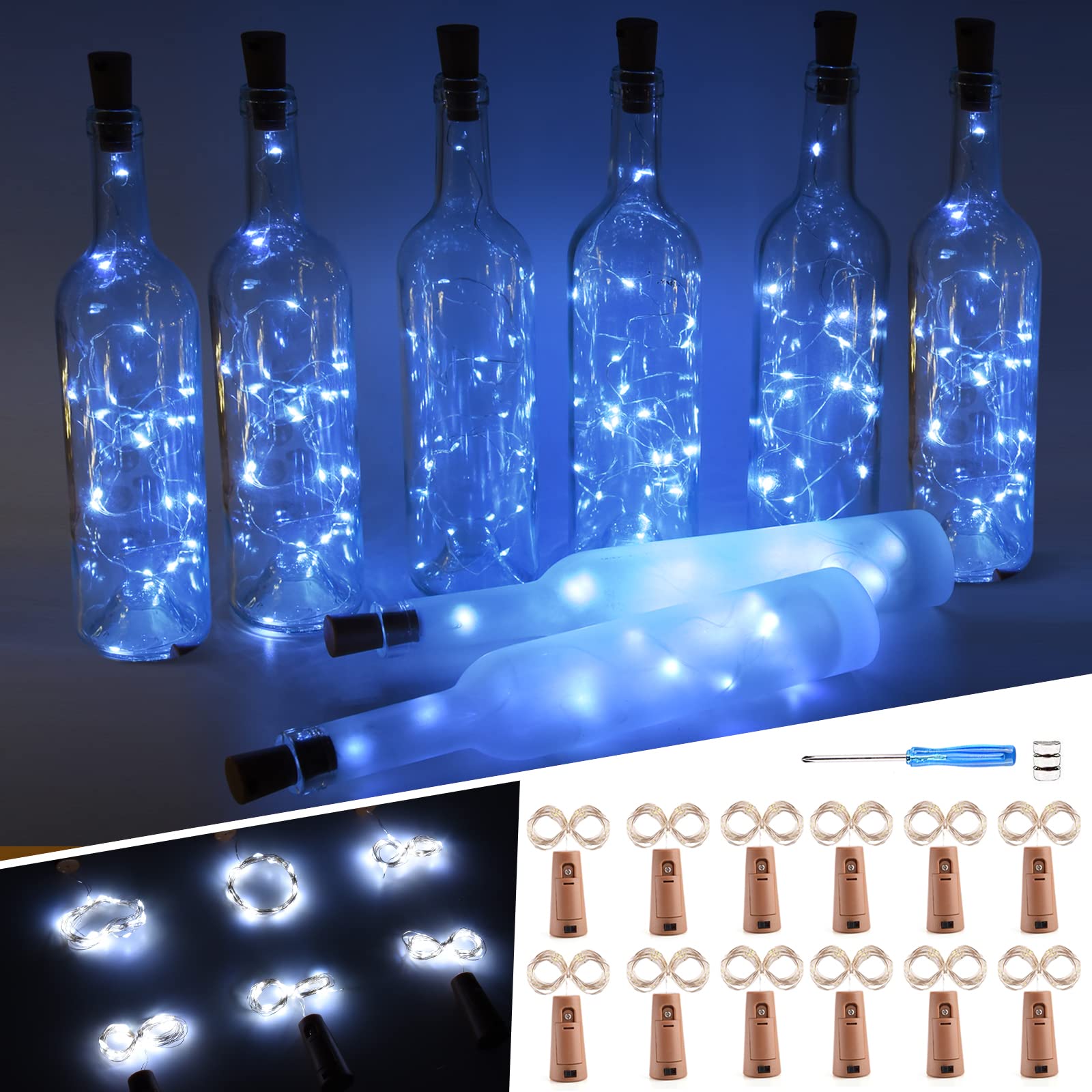 Wine Bottle Lights with Cork,12 Pack 20 LED Lights Battery Powered DIY Fairy Lights String for Party,Halloween,Christmas Indoor and Outdoor Home Decoration Waterproof Bottle Lights (Cold White)