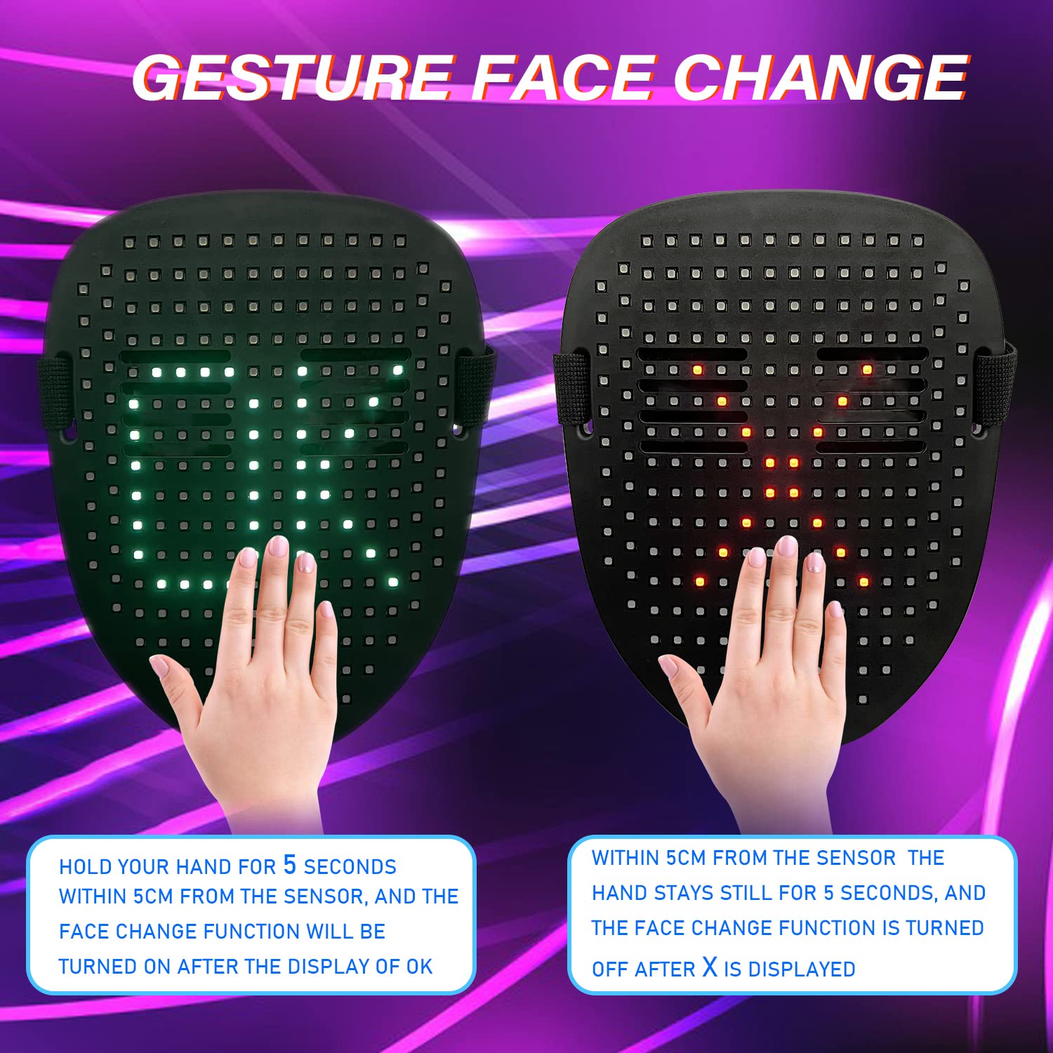 Led Mask with Gesture Sensing,Unisex LED Lighted Face Transforming Mask for Costume Cosplay Party Masquerade