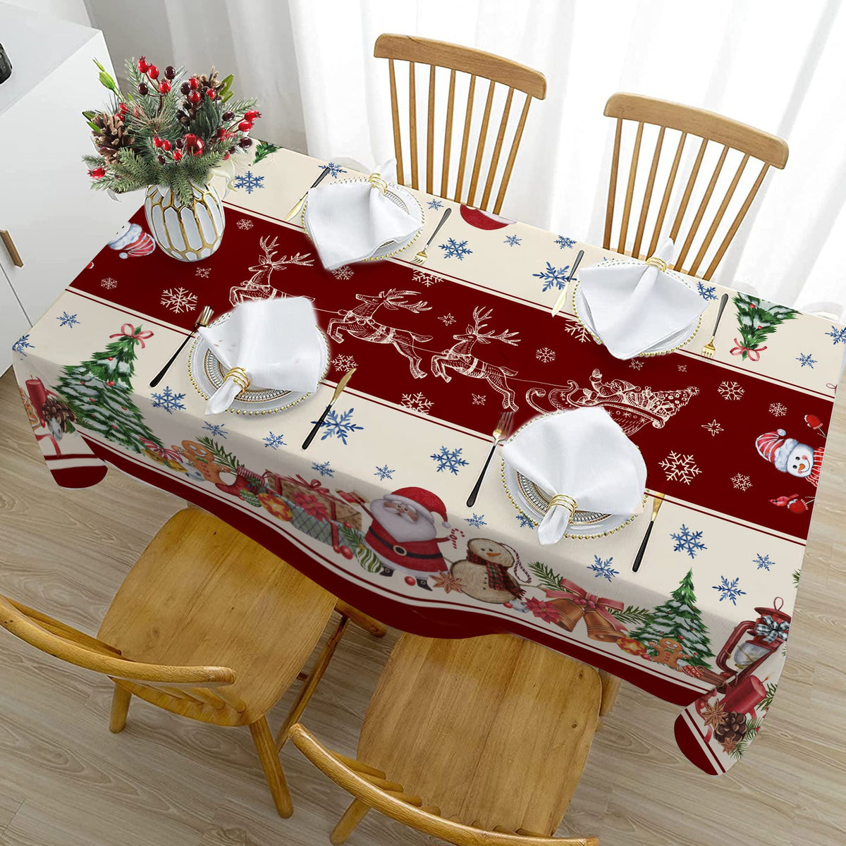 Christmas Tablecloth, Christmas Snowman Table Cloth Rectangle, Oblong Winter Xmas and Santa Kitchen Christmas Table Decorations for Home,Dinner,Party