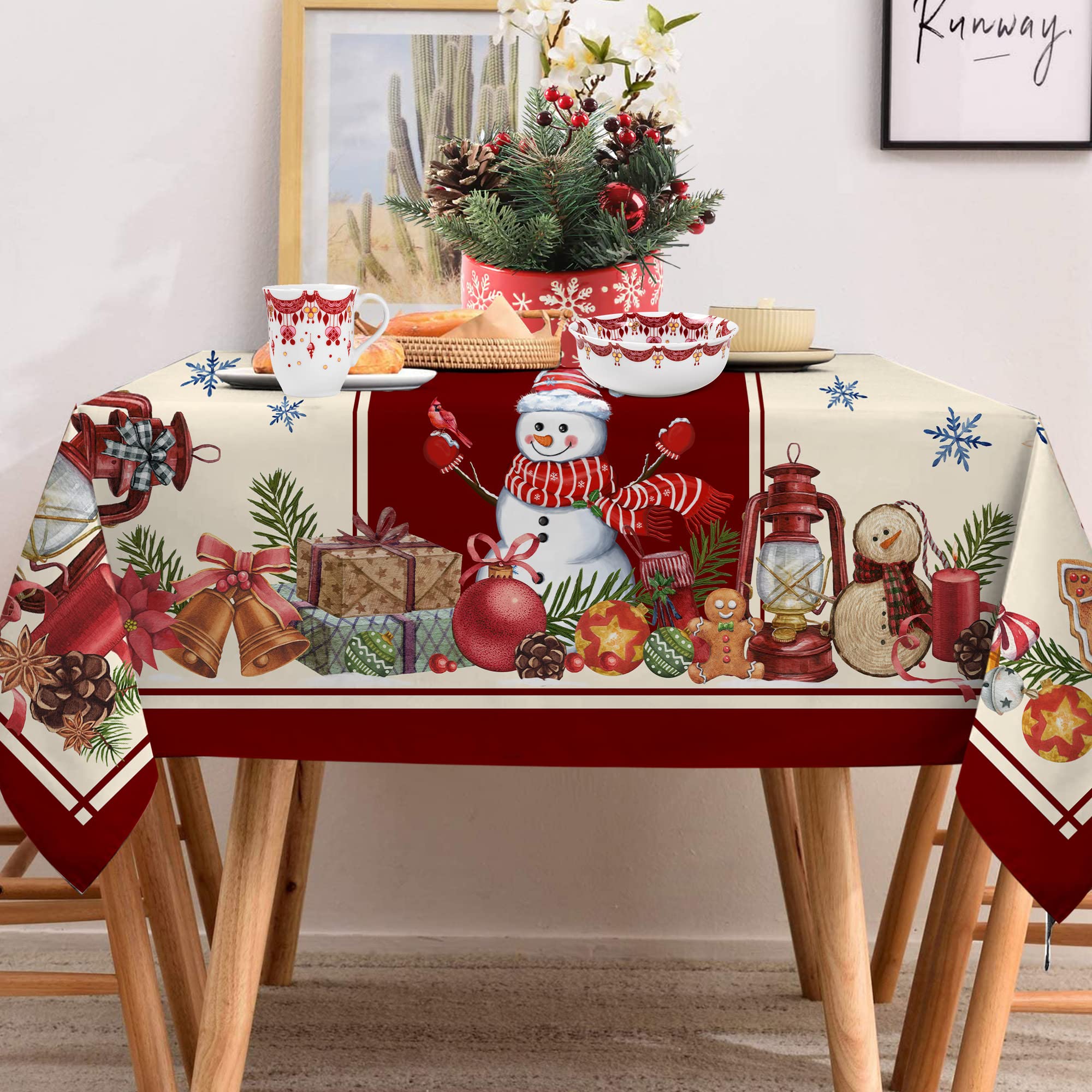 Christmas Tablecloth, Christmas Snowman Table Cloth Rectangle, Oblong Winter Xmas and Santa Kitchen Christmas Table Decorations for Home,Dinner,Party