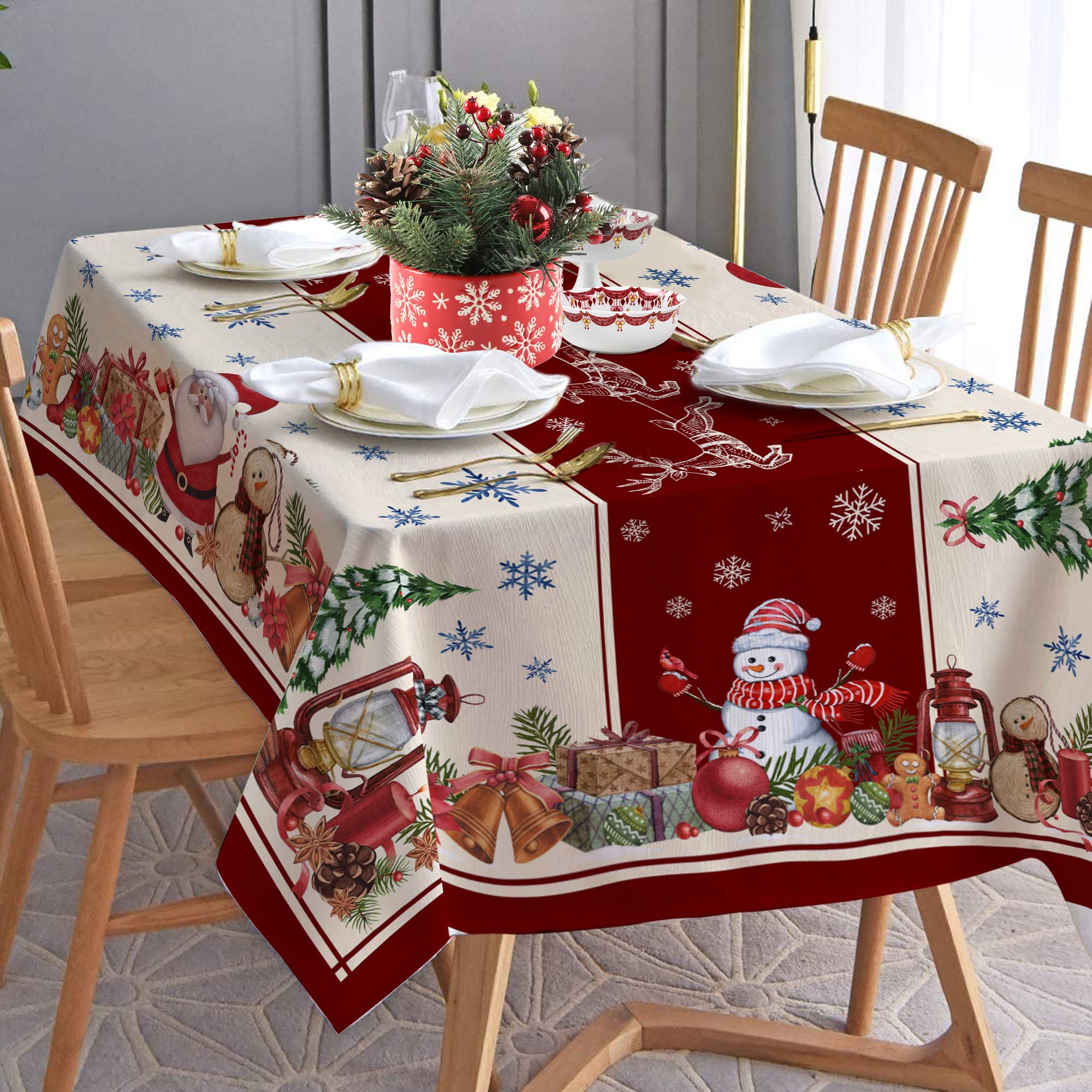 Christmas Tablecloth, Christmas Snowman Table Cloth Rectangle, Oblong Winter Xmas and Santa Kitchen Christmas Table Decorations for Home,Dinner,Party